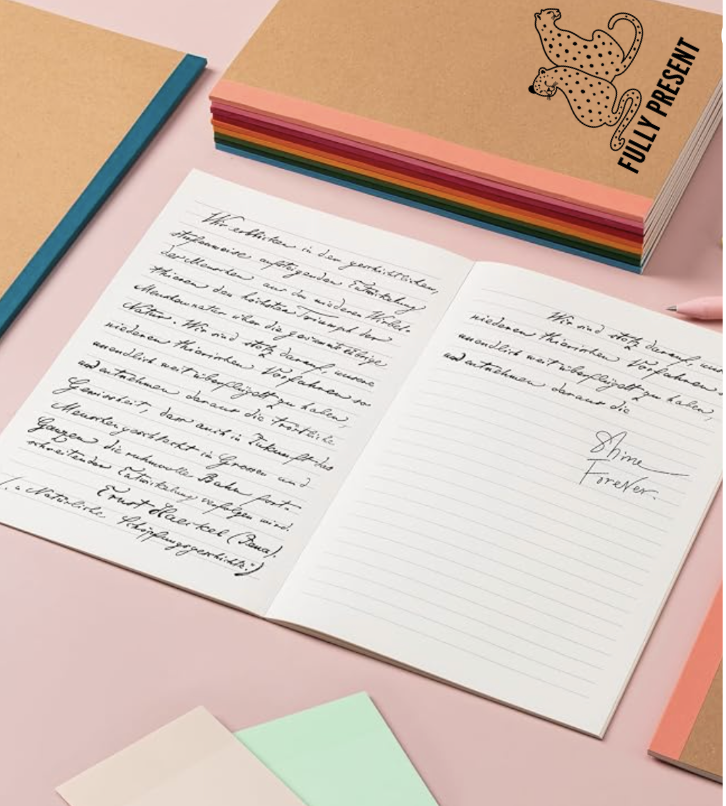 Kraft Present AF notebooks with coloured edges, one open with handwriting